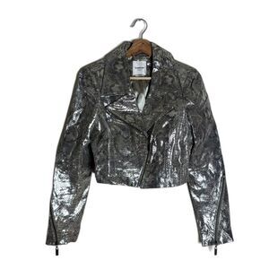 Bebe‎ Jacket Small Silver Cropped Moto Snakeskin Print Metallic Zip y2k disco